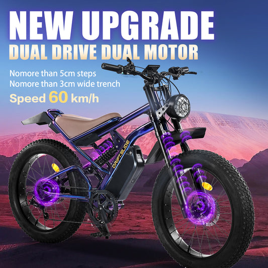 DRIFT.SLIDE Dual motors, Top Speed 60KM/H Electric Bike for Adults, 1500W Peak Power Electric Motorcycle, 24" Fat Tire Electric Mountain Bike, 48V 22.8 AH Battery, All Terrain Ebike for Mountains, Snow, Sand (C1)