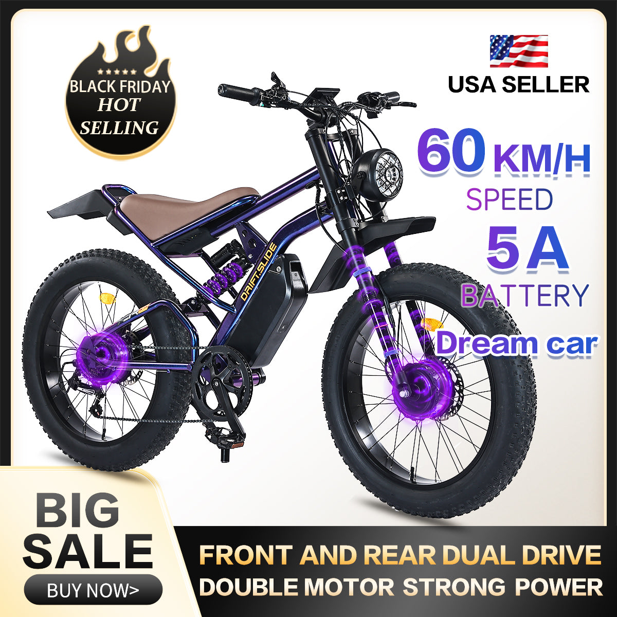 DRIFT.SLIDE Dual motors, Top Speed 60KM/H Electric Bike for Adults, 1500W Peak Power Electric Motorcycle, 24" Fat Tire Electric Mountain Bike, 48V 22.8 AH Battery, All Terrain Ebike for Mountains, Snow, Sand (C1)