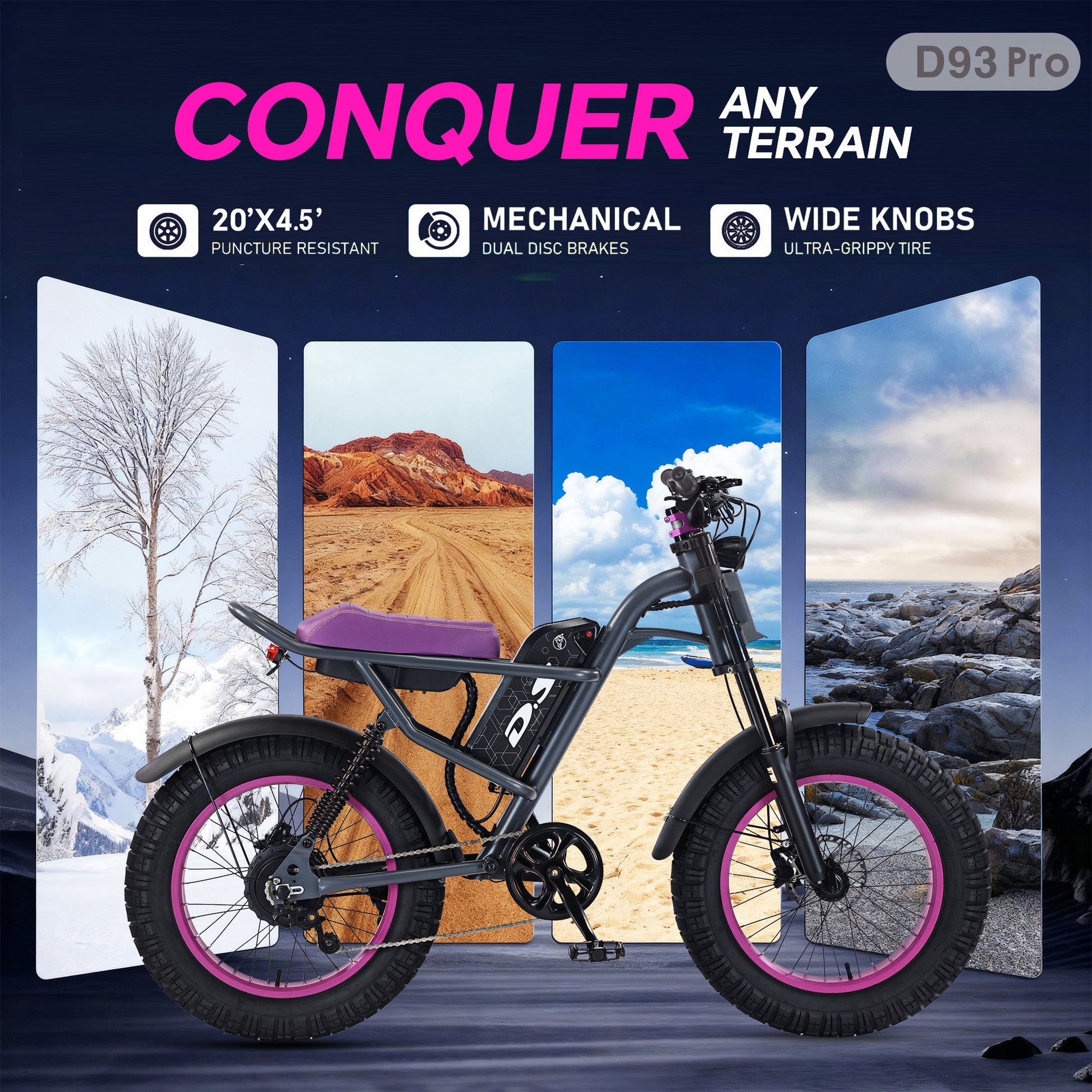 DRIFT.SLIDE D93 Pro all‑terrain promotional infographic, 20x4.5 puncture‑resistant fat tire, dual disc brakes, ultra‑grippy knobby tire, snow desert beach rock multi‑scenario feature graphic