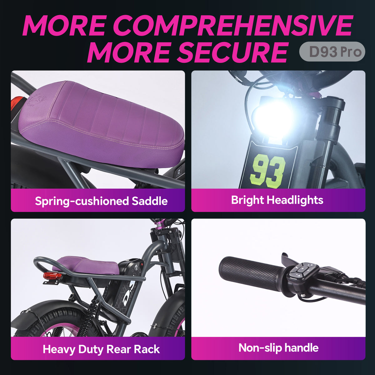 DRIFT.SLIDE D93 Pro safety‑feature four‑panel infographic, spring‑cushioned saddle, bright headlights, heavy‑duty rear rack, non‑slip handlebar, comfort and safety parts close‑up promotional graphic