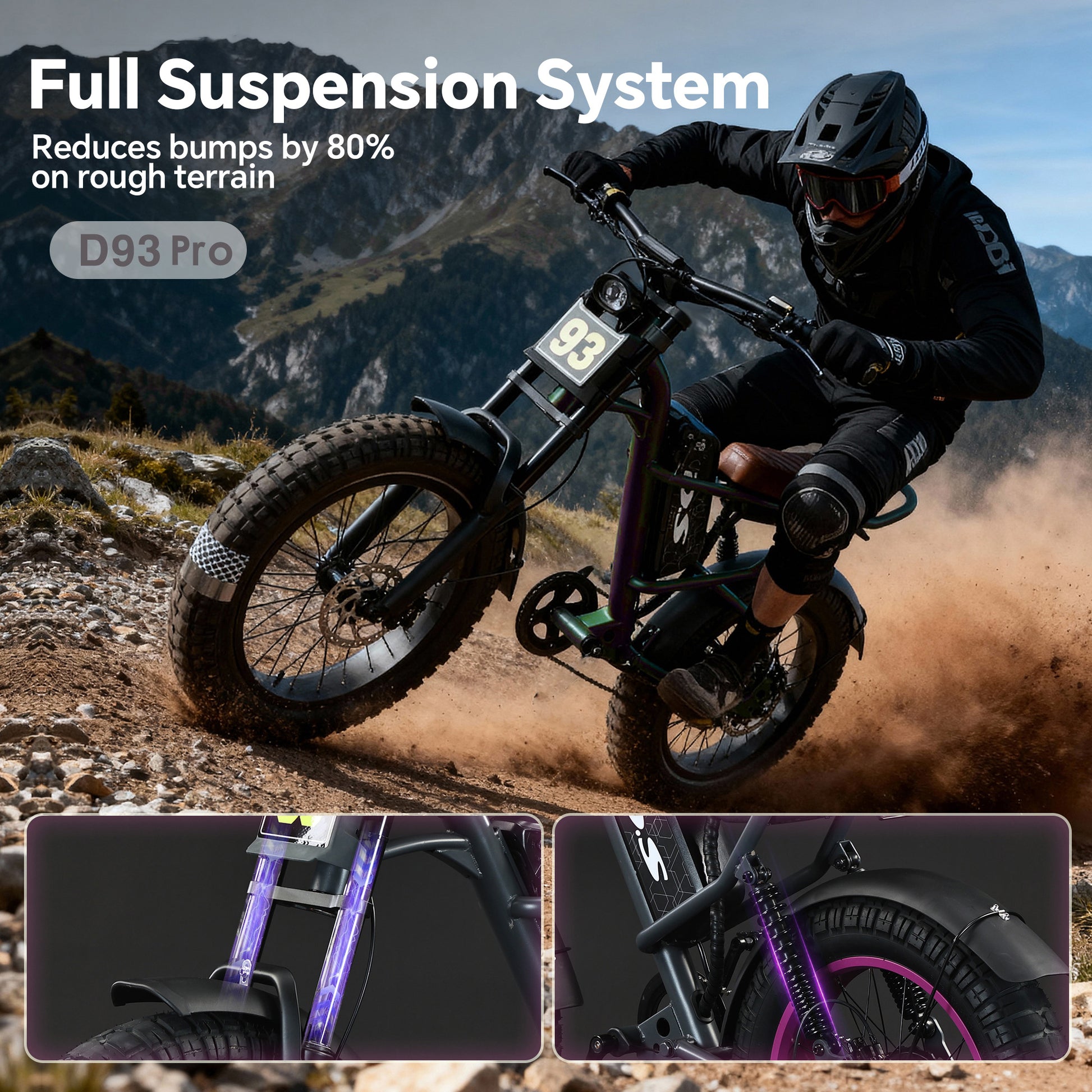 DRIFT.SLIDE D93 Pro full suspension system promotional graphic, rider with helmet riding mountain gravel trail, reduces bumps by 80% on rough terrain, front fork and rear shock absorber close‑up with purple glow, off‑road e‑bike feature image
