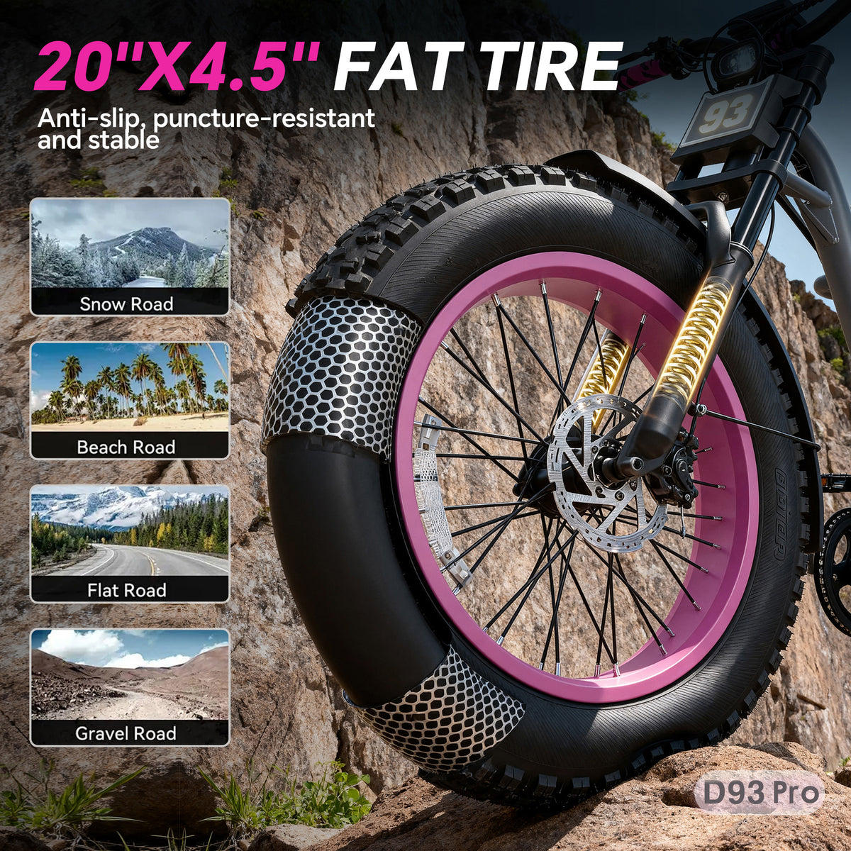 DRIFT.SLIDE D93 Pro 20"X4.5" fat tire feature graphic, anti‑slip puncture‑resistant stable wide knobby tire, multi‑terrain adapt for snow, beach, flat and gravel road, off‑road e‑bike tire close‑up promotional image