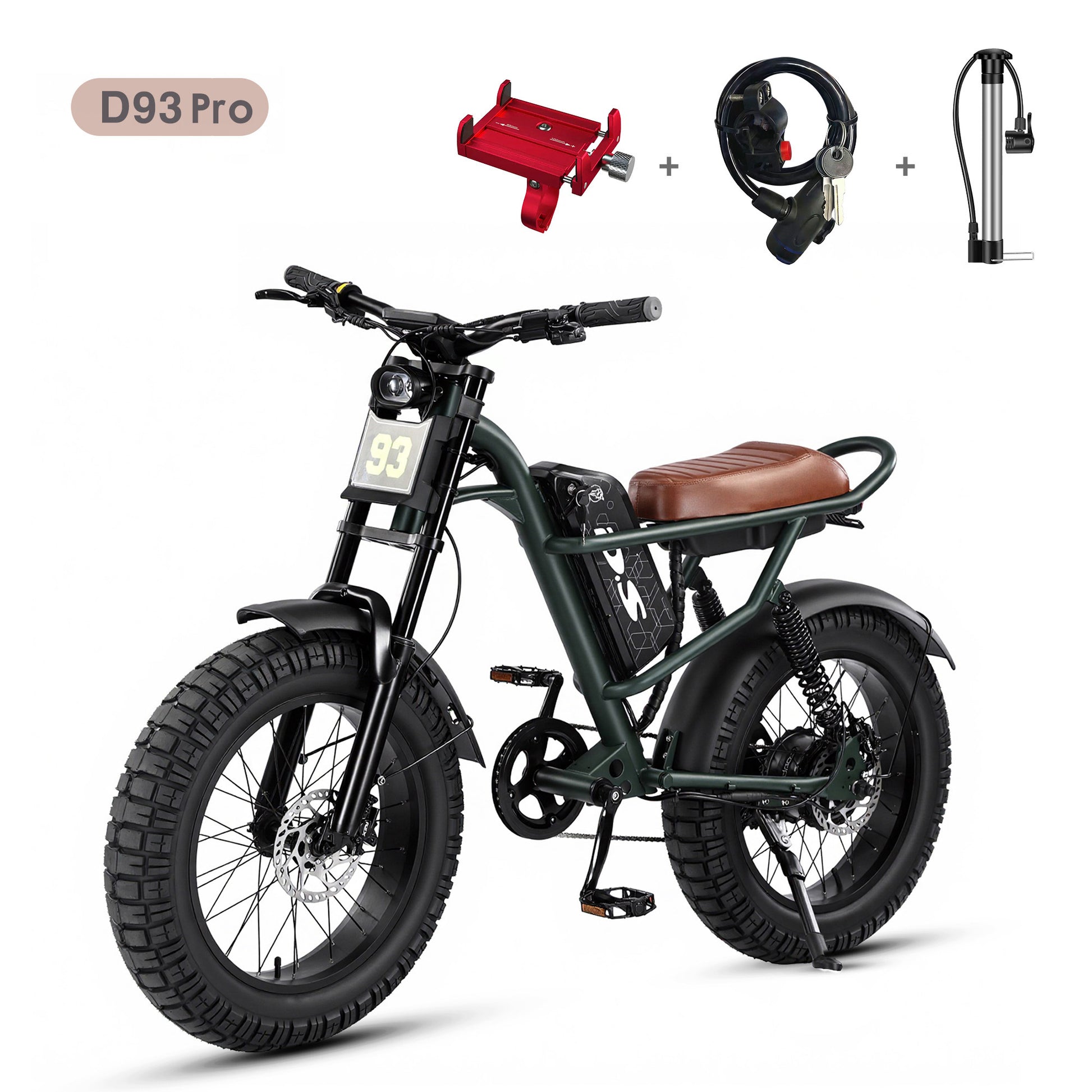 DRIFT.SLIDE D93 Pro brown retro fat tire electric bike white background, full bike display plus bundled accessories: phone holder, lock, air pump, product package listing photo
