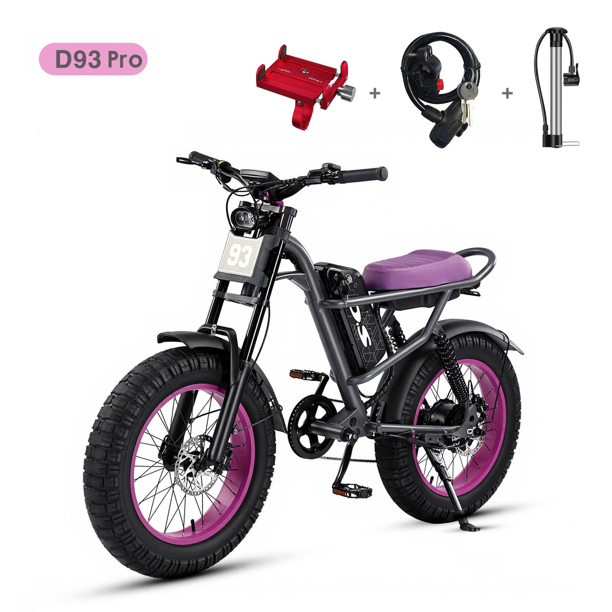DRIFT.SLIDE D93 Pro purple rim retro fat tire electric bike white background, black frame with purple seat and wheels, bundled accessories: red phone holder, bike lock, air pump, product package listing photo