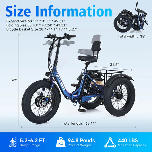 DS-3 Folding Electric Tricycle | 3-Wheel eBike for Adults | Large Cargo | Stable Ride