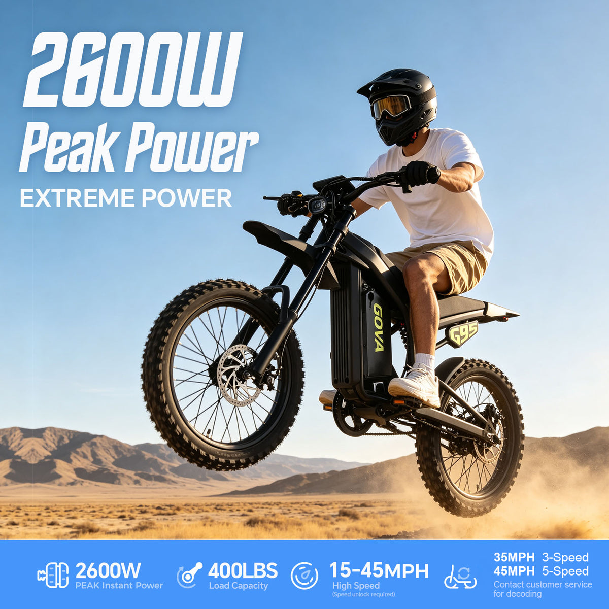 GOVA G95 electric dirt bike jumping off‑road desert terrain, 2600W peak power, 400LBS load capacity, 15‑45 mph high speed, promotional marketing graphic
