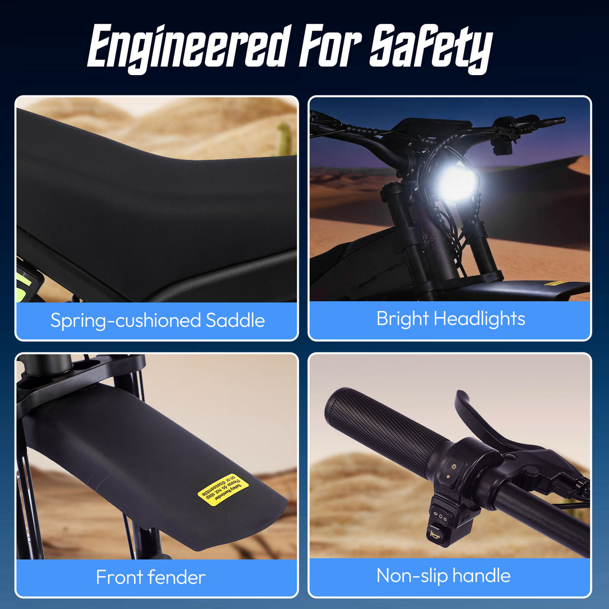 GOVA G95 electric dirt bike safety feature collage: spring‑cushioned saddle, bright headlights, front fender, non‑slip handle, product feature promotional graphic