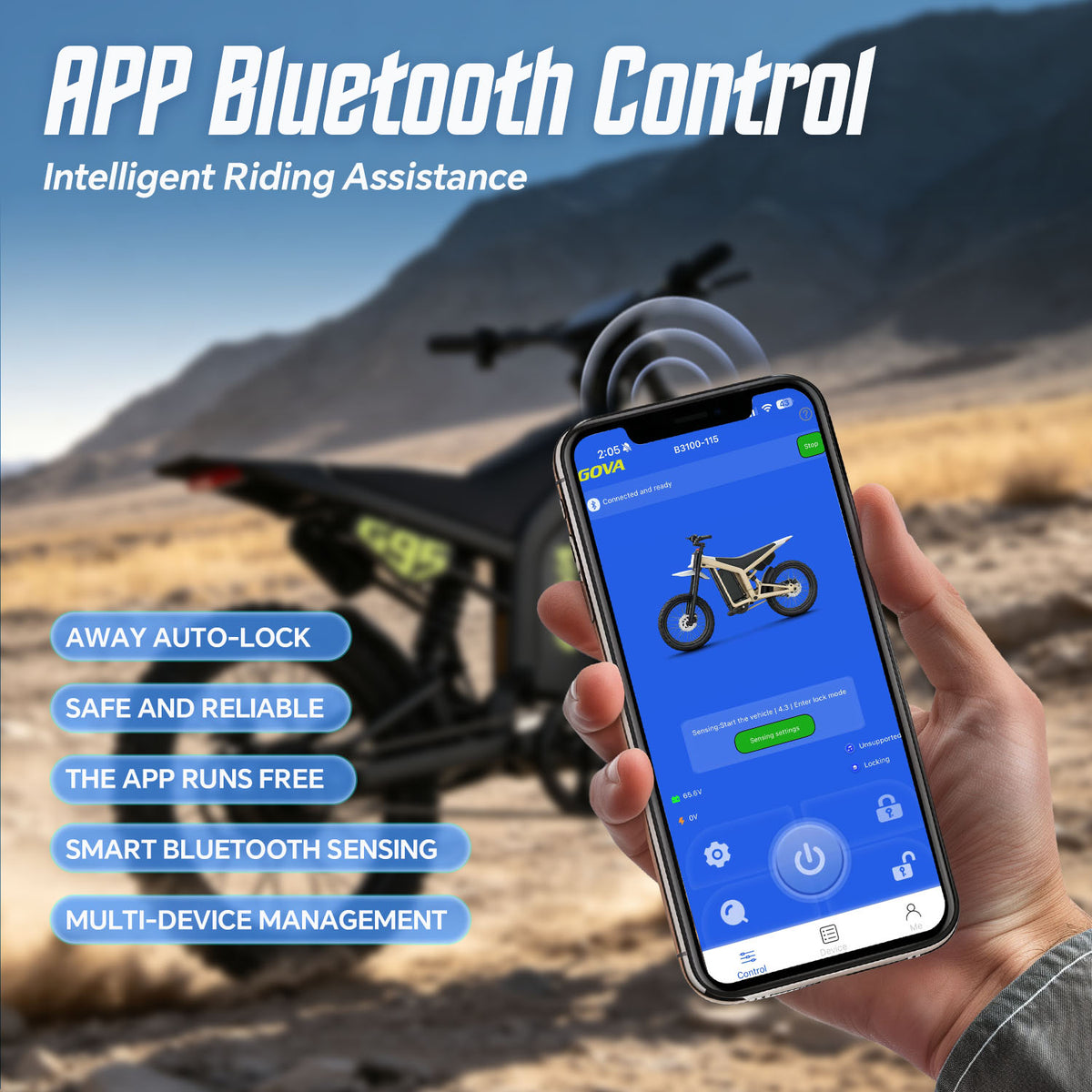 GOVA G95 electric dirt bike APP bluetooth control feature graphic, smartphone remote auto‑lock, smart sensing and multi‑device management, outdoor desert background promotional image