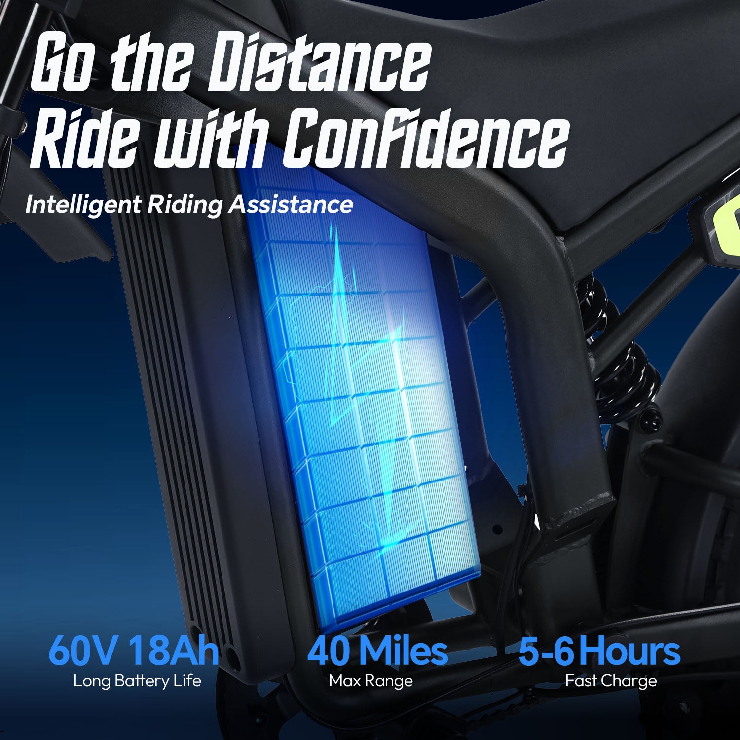 GOVA G95 electric dirt bike removable 60V 18Ah lithium battery with blue energy glow, 40 miles max range, 5-6 hours fast charge, intelligent riding assistance promotional graphic