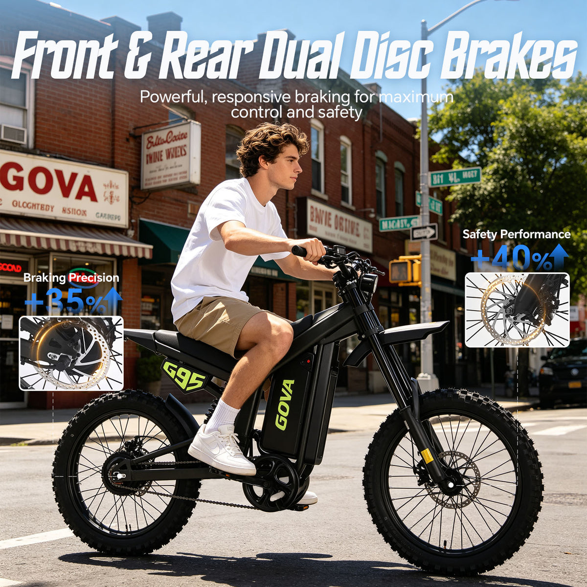 GOVA G95 electric dirt bike riding on city street, front and rear dual disc brakes, improved braking precision and safety performance, feature promotional graphic