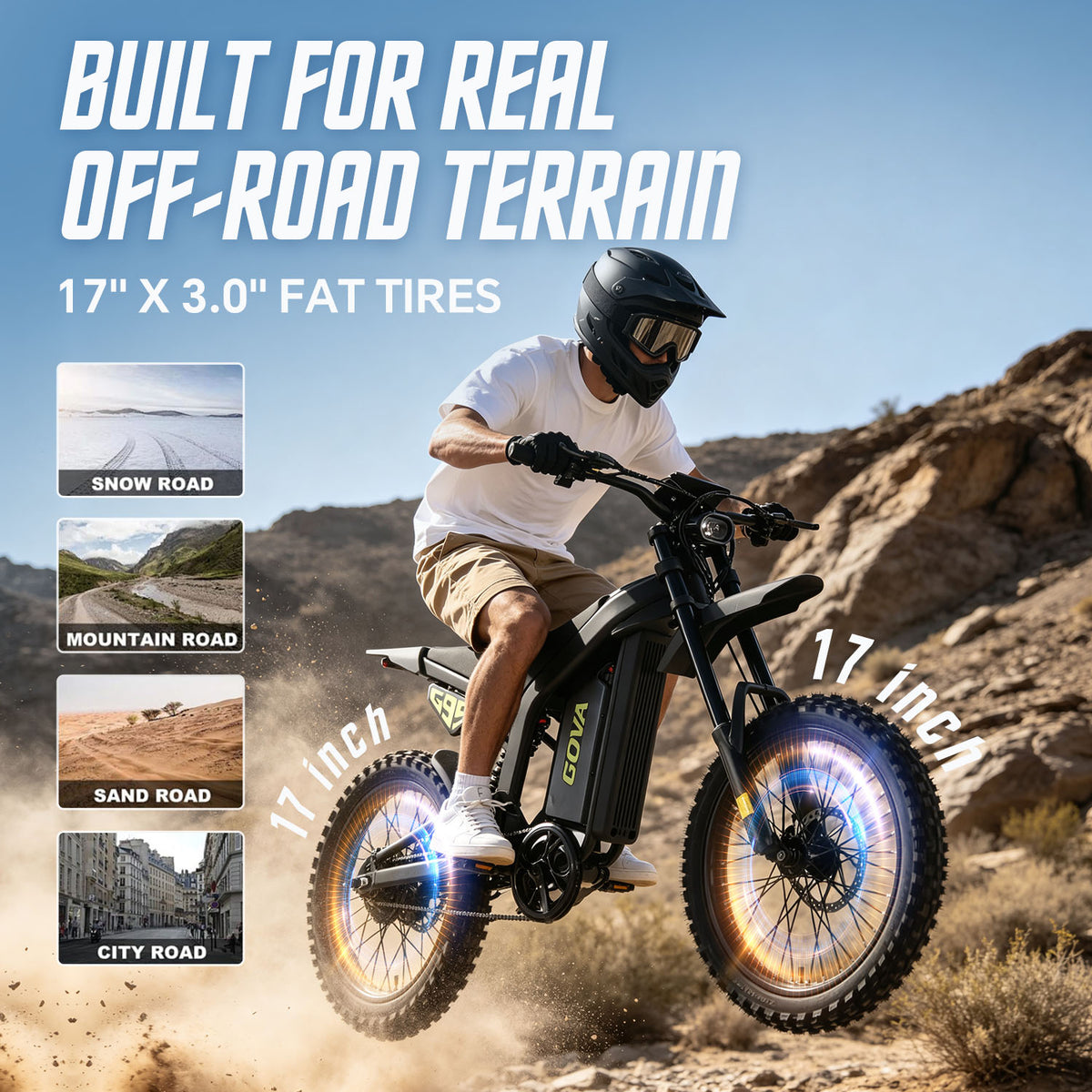 GOVA G95 electric dirt bike with 17 inch x 3.0 inch fat tires, built for real off‑road terrain, suitable for snow road mountain road sand road and city road, rider with helmet riding desert mountain, promotional graphic