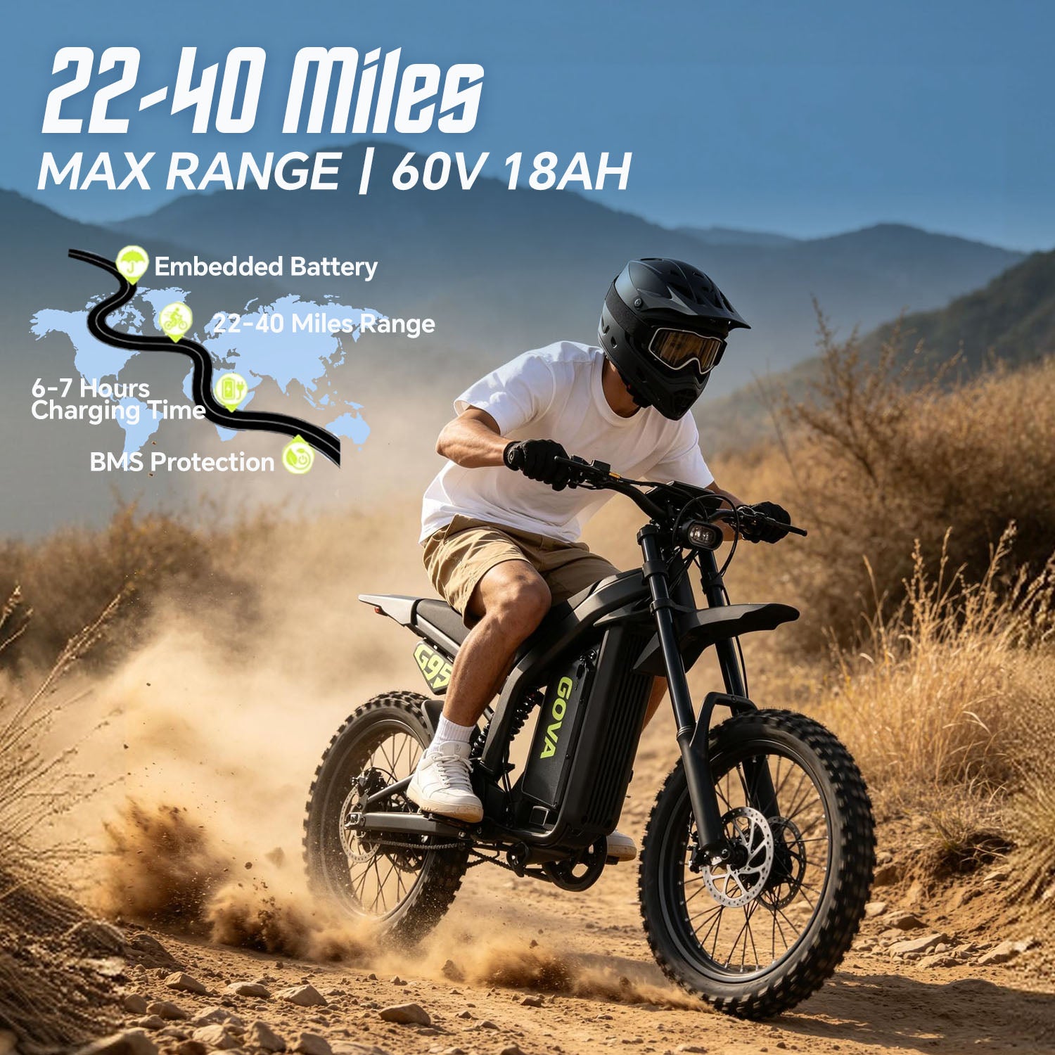GOVA G95 electric dirt bike off‑road mountain riding, 60V 18Ah embedded battery, 22‑40 miles max range, 6‑7 hours charging time with BMS battery protection, range promotional graphic
