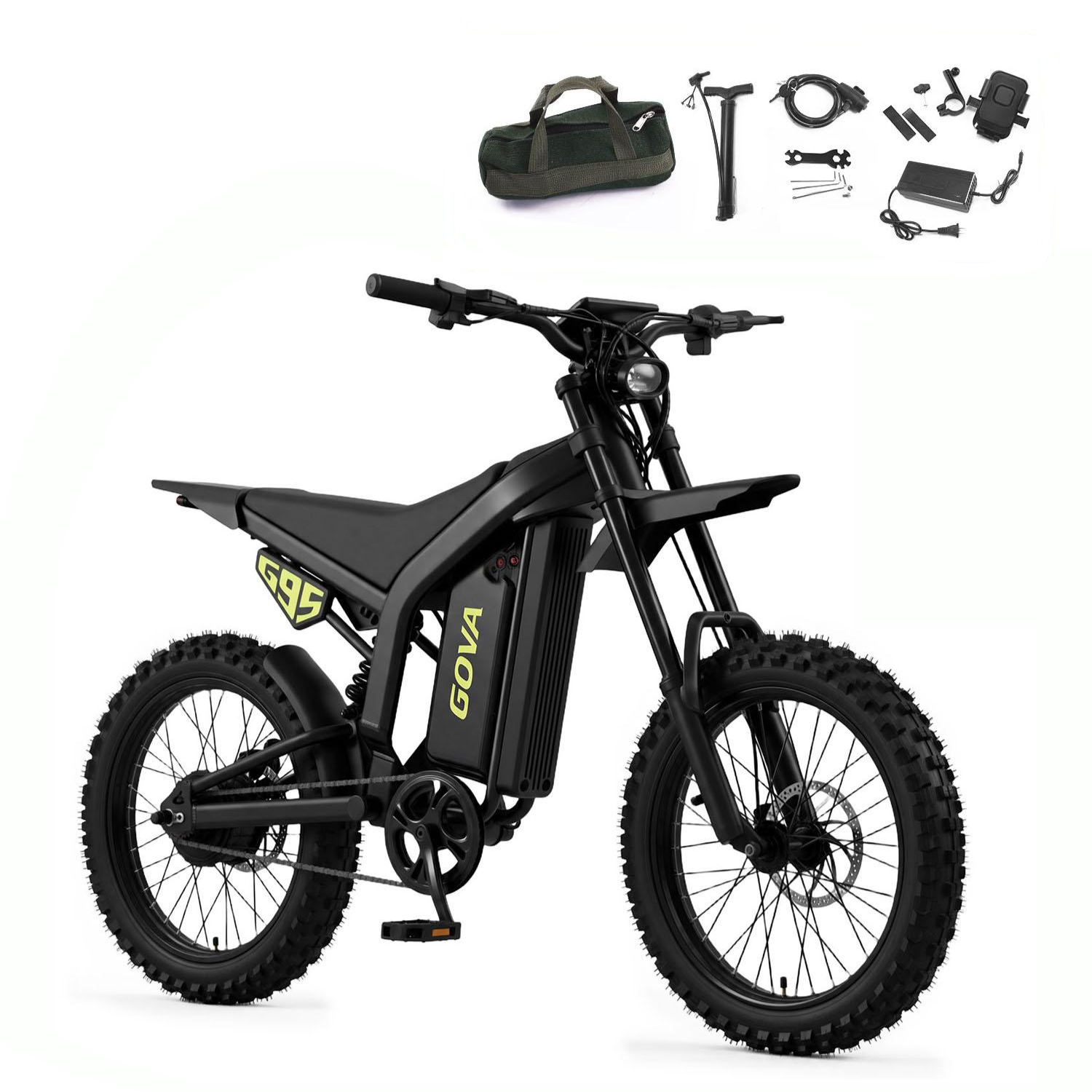 GOVA G95 black electric dirt bike full package on white background, includes bike, storage bag, air pump, bike lock, installation tools, charger and accessories, product listing main image