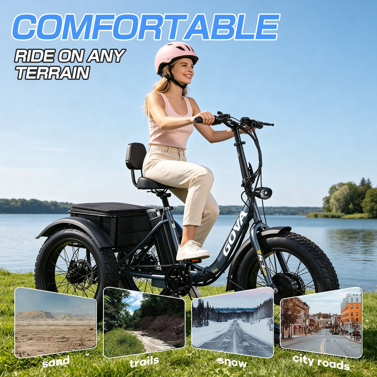  GS3 electric tricycle comfortable riding by lakeside, suitable for sand, trails, snow and city roads, all‑terrain fat tire three‑wheel e‑bike promotional graphic