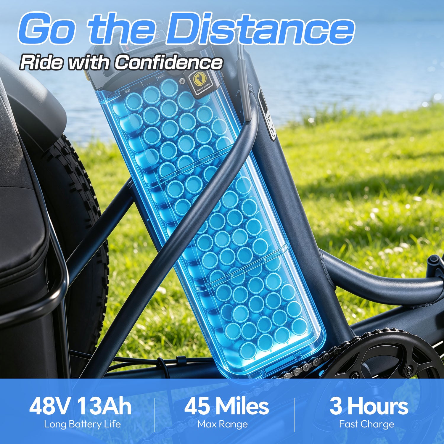  GS3 electric tricycle 48V 13Ah lithium battery cut‑away view, 45 miles max range, 3 hours fast charge, long battery life performance promotional graphic