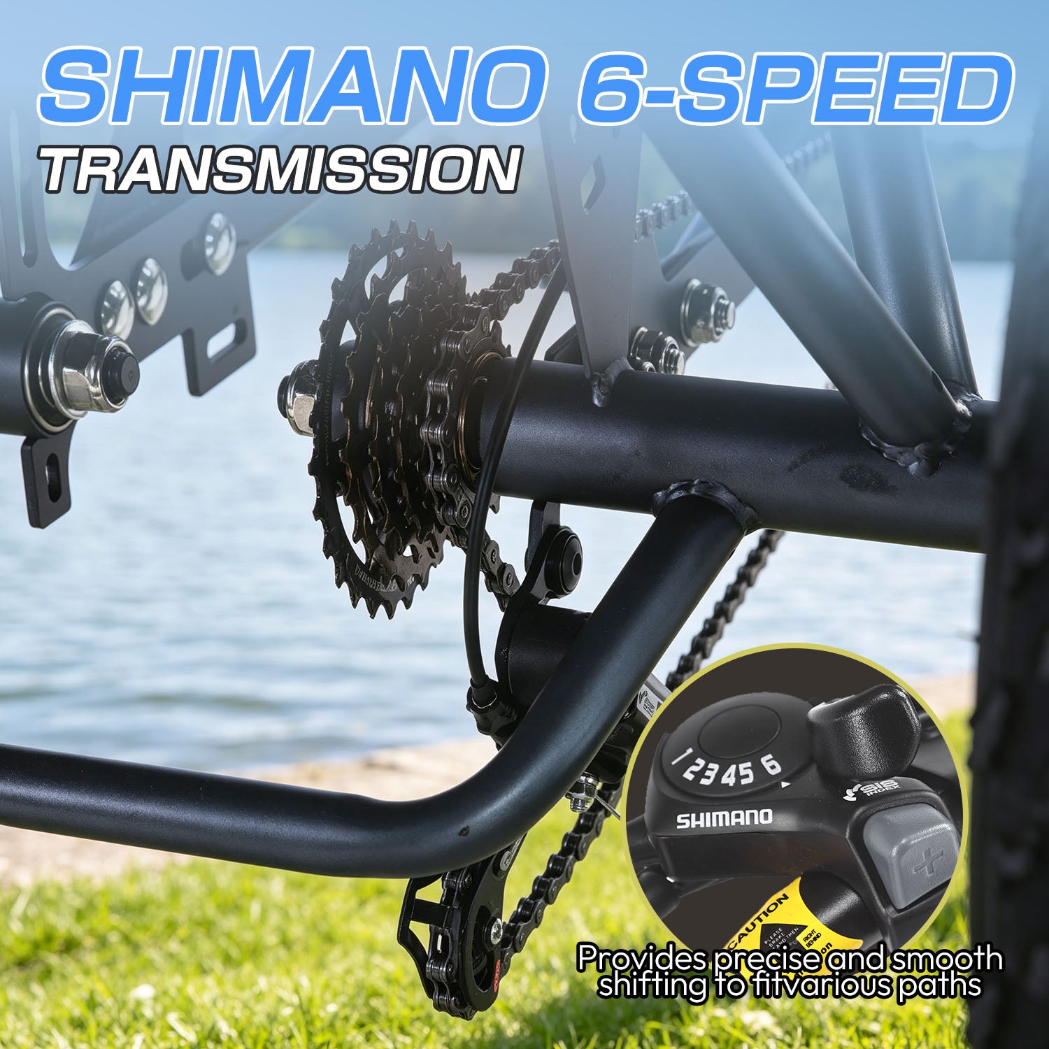  GS3 electric tricycle Shimano 6‑speed transmission close‑up, rear cassette gear and shift knob, precise smooth shifting for various road conditions feature promotional graphic