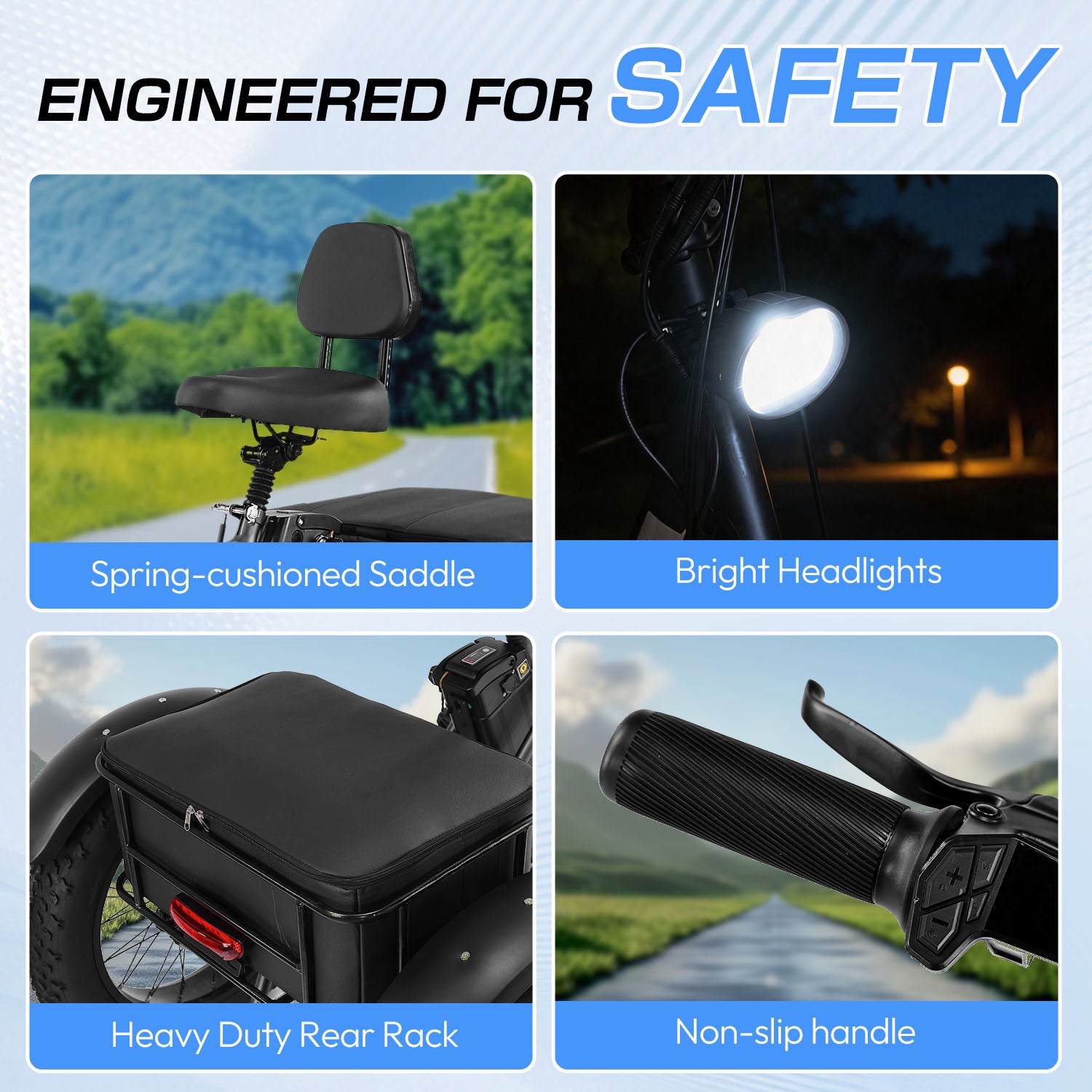  GS3 electric tricycle safety‑feature collage, spring‑cushioned saddle, bright headlights, heavy‑duty rear rack, non‑slip handle, multi‑parts safety design promotional graphic