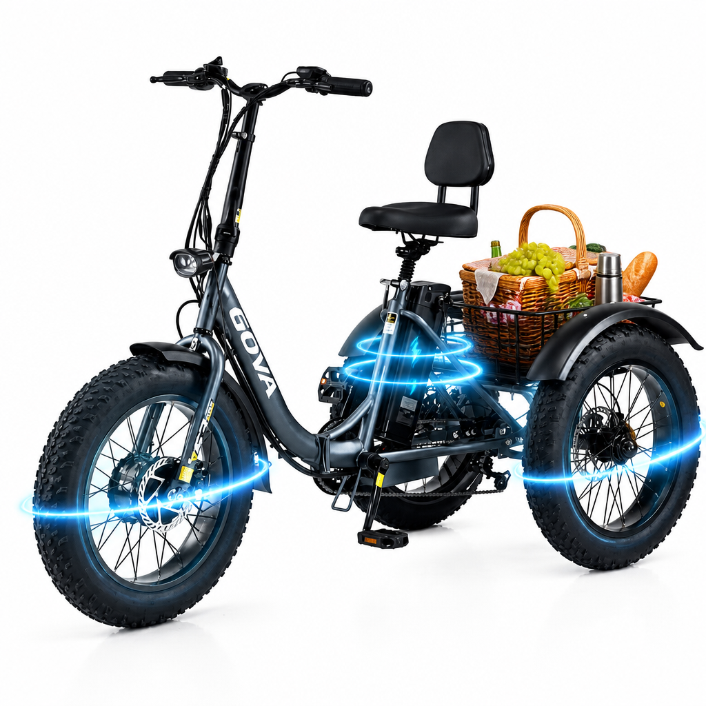 GS3 grey foldable fat‑tire electric tricycle white background, rear basket with picnic groceries, blue power light effect, three‑wheel cargo e‑trike main product listing image