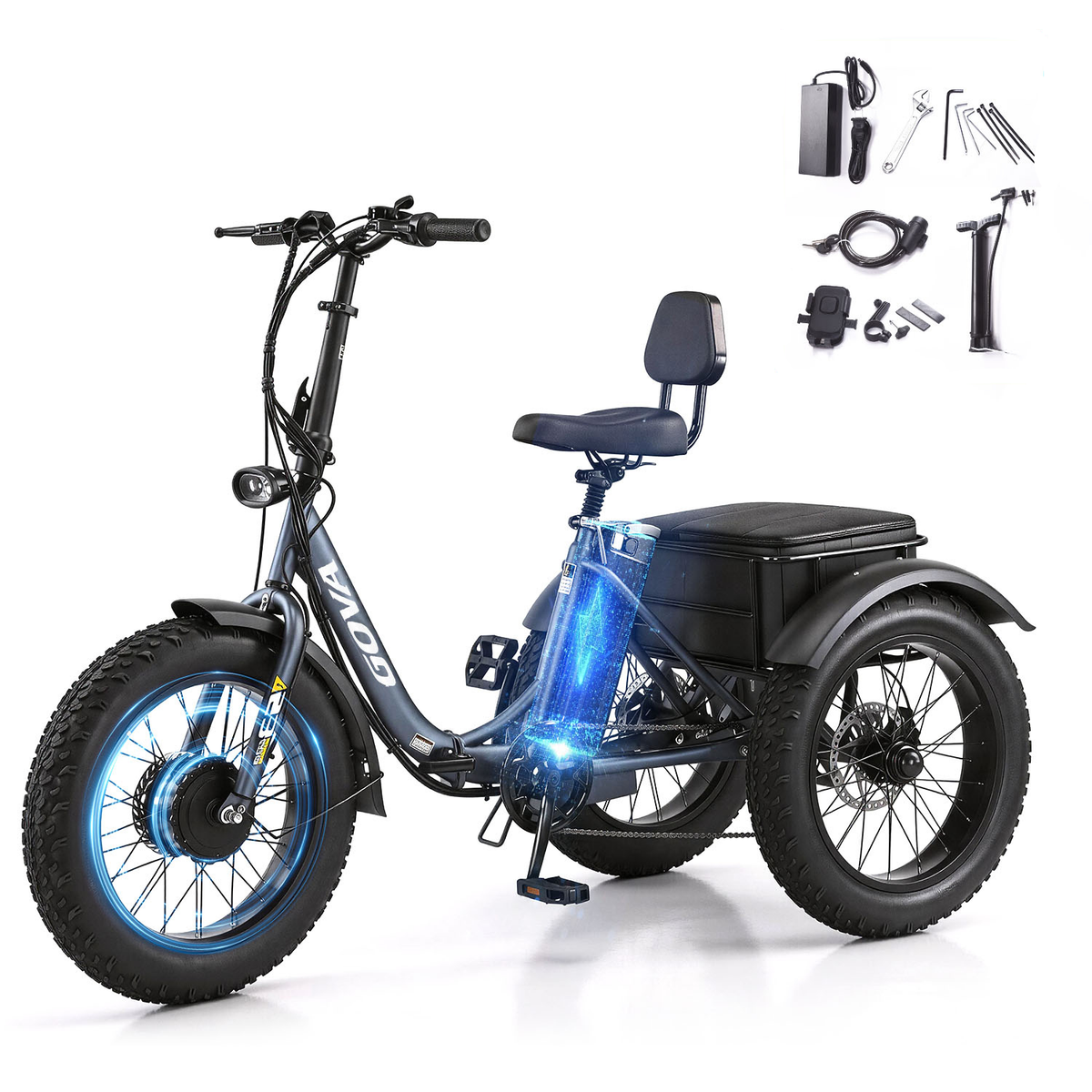  GS3 grey fat‑tire foldable electric tricycle white background, complete unit with bundled accessories kit including charger, tools and air pump, product package listing photo