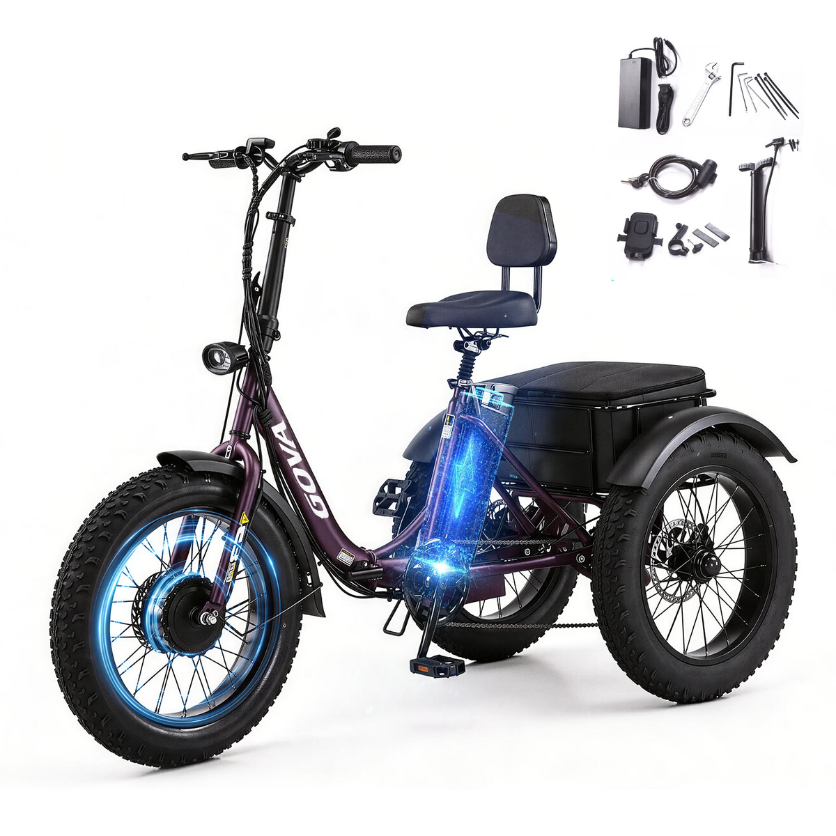 GS3 purple fat‑tire foldable electric tricycle white background, showing full bike plus included accessories kit charger tools air pump, product package listing image
